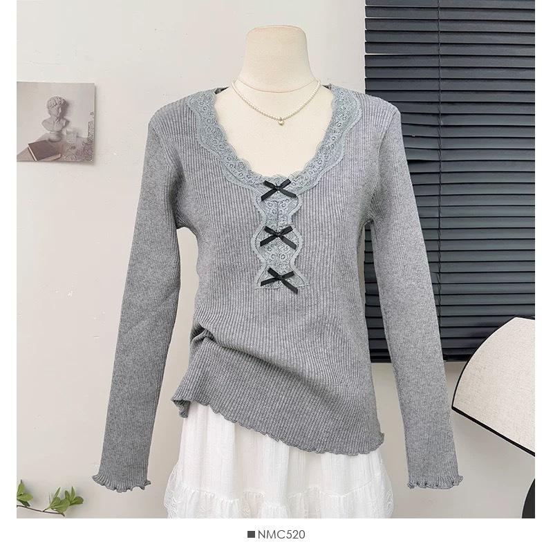 Korean Lace Trim Knit Top Spring New Slim Fit Base Layer Long Sleeve Soft Touch Shirt