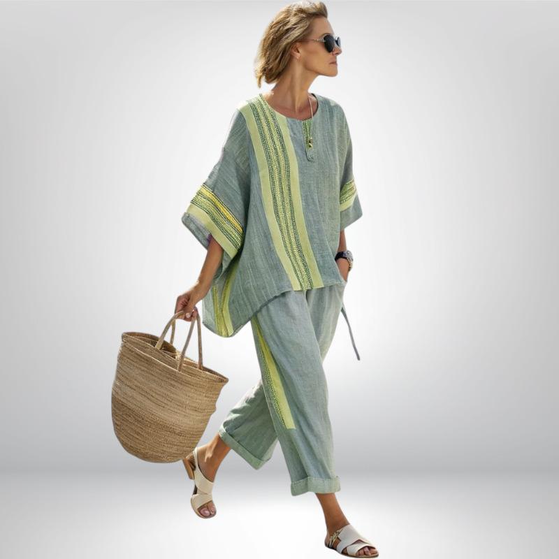 European Beautiful Women's Striped + Linen Top Summer Style Loose Version Casual Versatile Suit