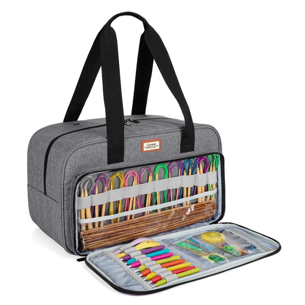 CURMIO Knitting Holds Knitting Circular Crochet and Unfinished A Knitting Tote Bag for and A Great Bag Gray Bag, Yarn, Needles, Needles, Hooks,