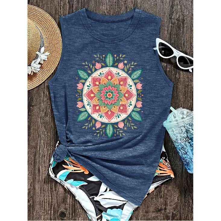 Elegant Vest for Women Bohemian colorful floral mandala print casual loose summer vest Fashionable and elegant tops for commuting, vacation, and