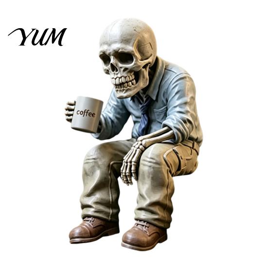 Funny Gift for Overtime Workers Sitting Skeleton Figurine Holding Coffee Cup, Vintage Resin Small Gothic Room Accents Desk Ornament, Unique Gag Stress