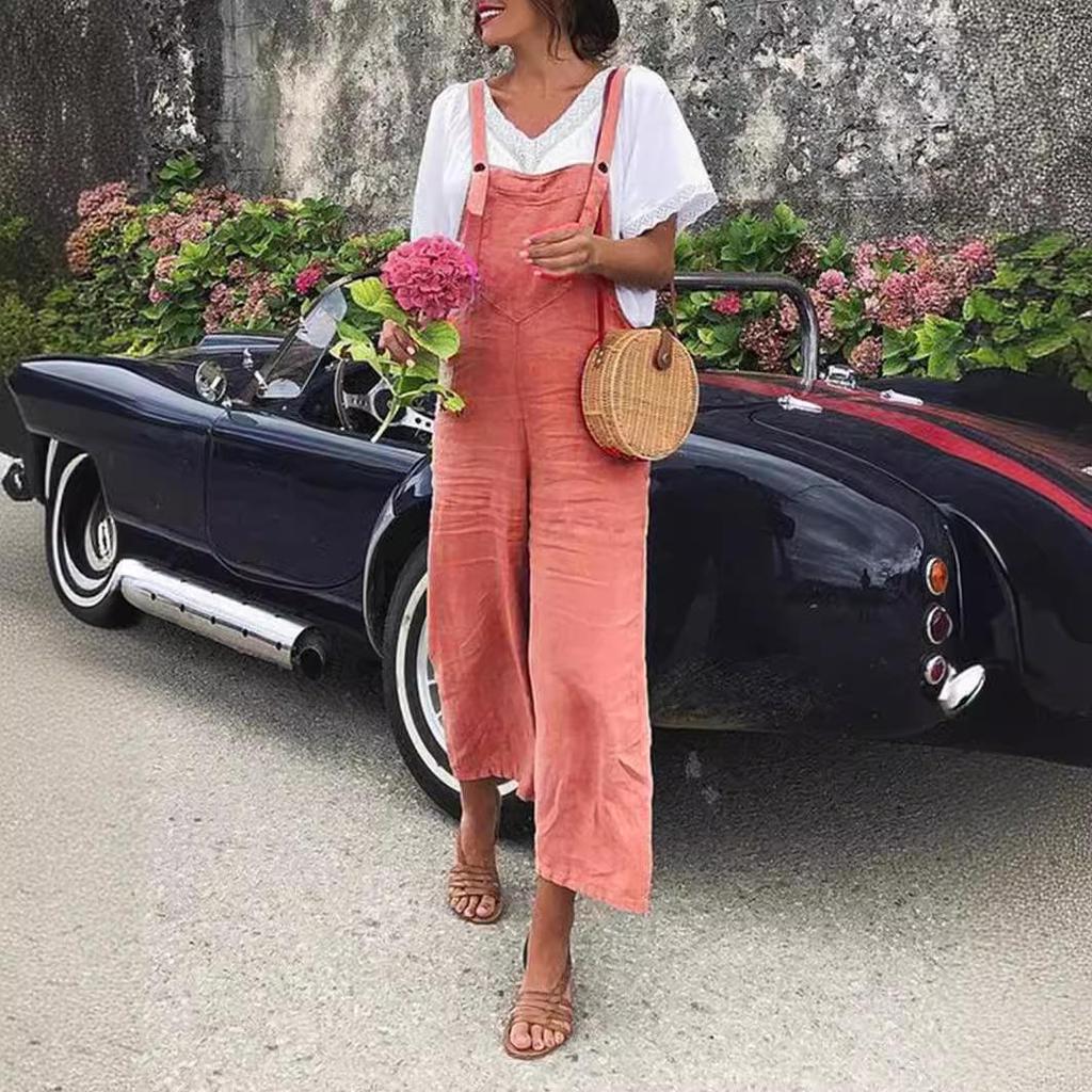 Women's Casual Summer Cotton Linen Loose Straight-Leg Overalls In Solid Colors
