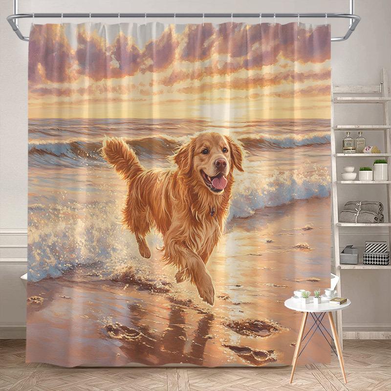 Golden Retriever Läuft Am Strand Duschvorhang Wasserdicht Leicht Zu Reinigen Sichtschutz Druck Sonnenuntergang Ozean Design Haustierliebhaber