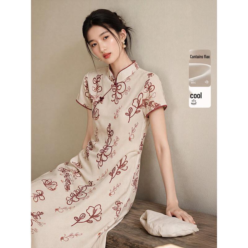 XWI Floral Embroidered Linen Blend New Chinese Style Cheongsam Dress S