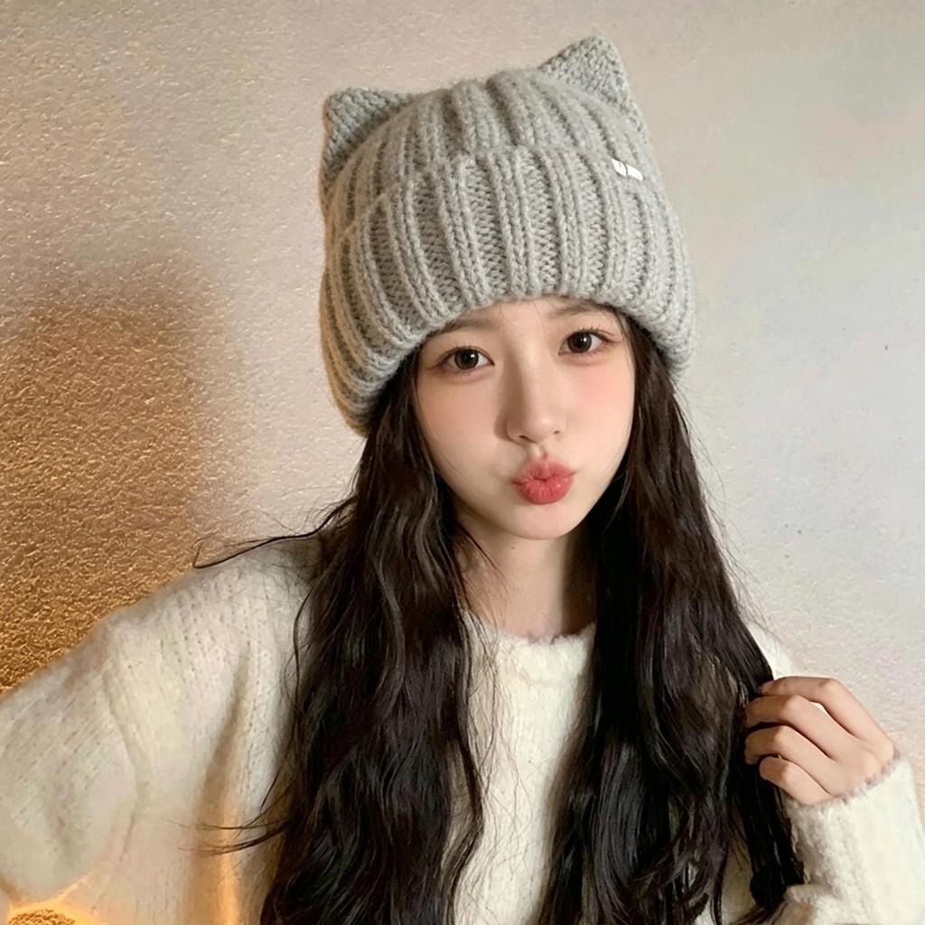 Cat ears wool hat women's autumn and winter new warm cute knitted hat thickened versatile cold hat
