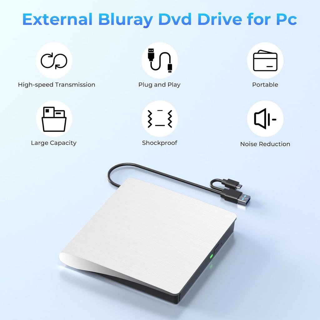 External Blu Ray Drive Support 50G Disc Read/Write Portable USB 3.0/Type-C Blu Ray Burner for Windows MacOS Laptop Desktop Mac
