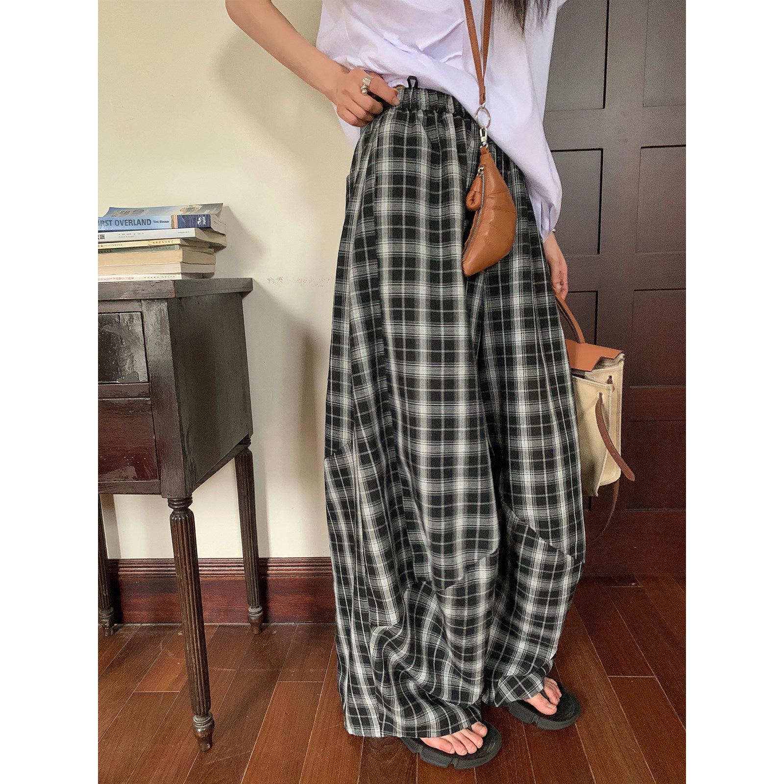 Ouyang Women s Plaid Summer High-Waist Loose Wide-Leg Pants, Floor-Length Medium
