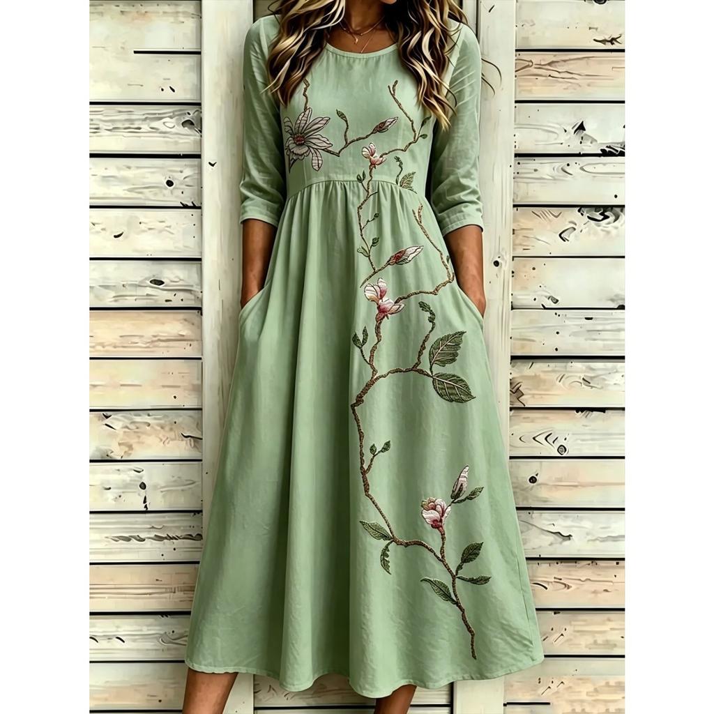 Women's Crew Neck Long Sleeve Loose Fit A-Line Midi Dress Casual 3D Floral Print