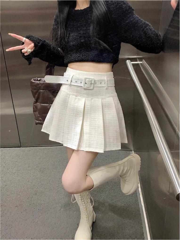 Women's High-Waisted Pleated A-Line Midi Skirt with Belt - Retro Style for All Seasons