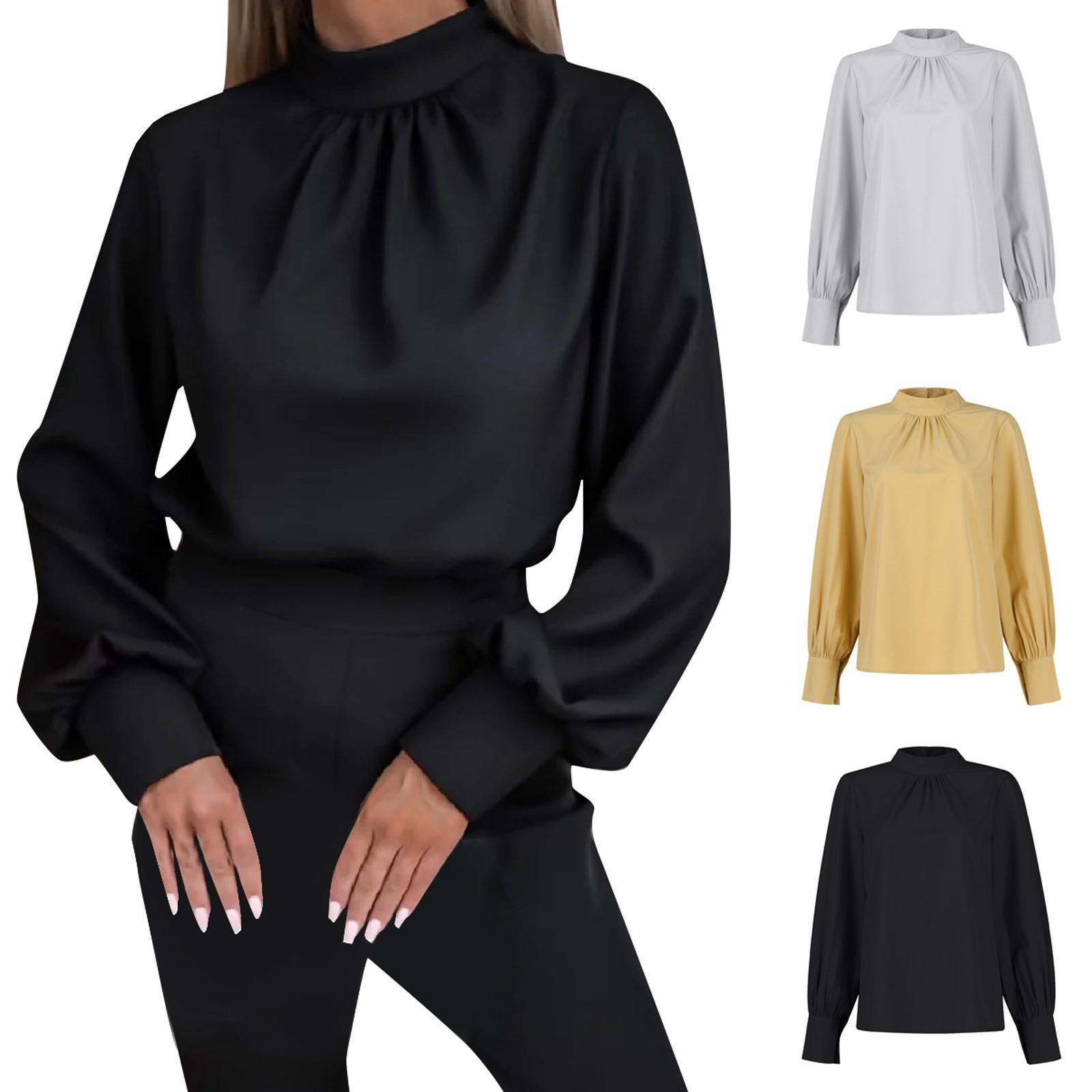 

Womens Shirts Long Sleeve Casual High Collar Shirt Loose Blouses Solid Color Tops