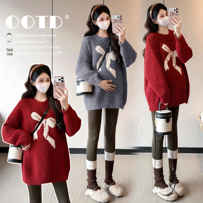 

2026 Autumn/Winter Maternity Bow Jacquard Knit Sweater in Red - Casual Loose Festive Pullover 2XL червоний