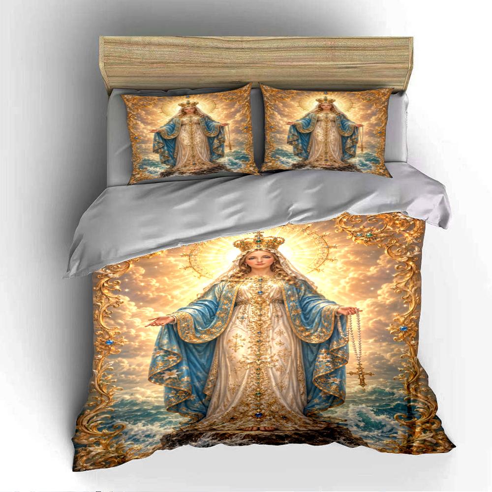Holy Virgin Mary Bedding Set with Crown Bedding Set (1 Duvet Cover, 2 Pillowcases, Duvet Not Included)