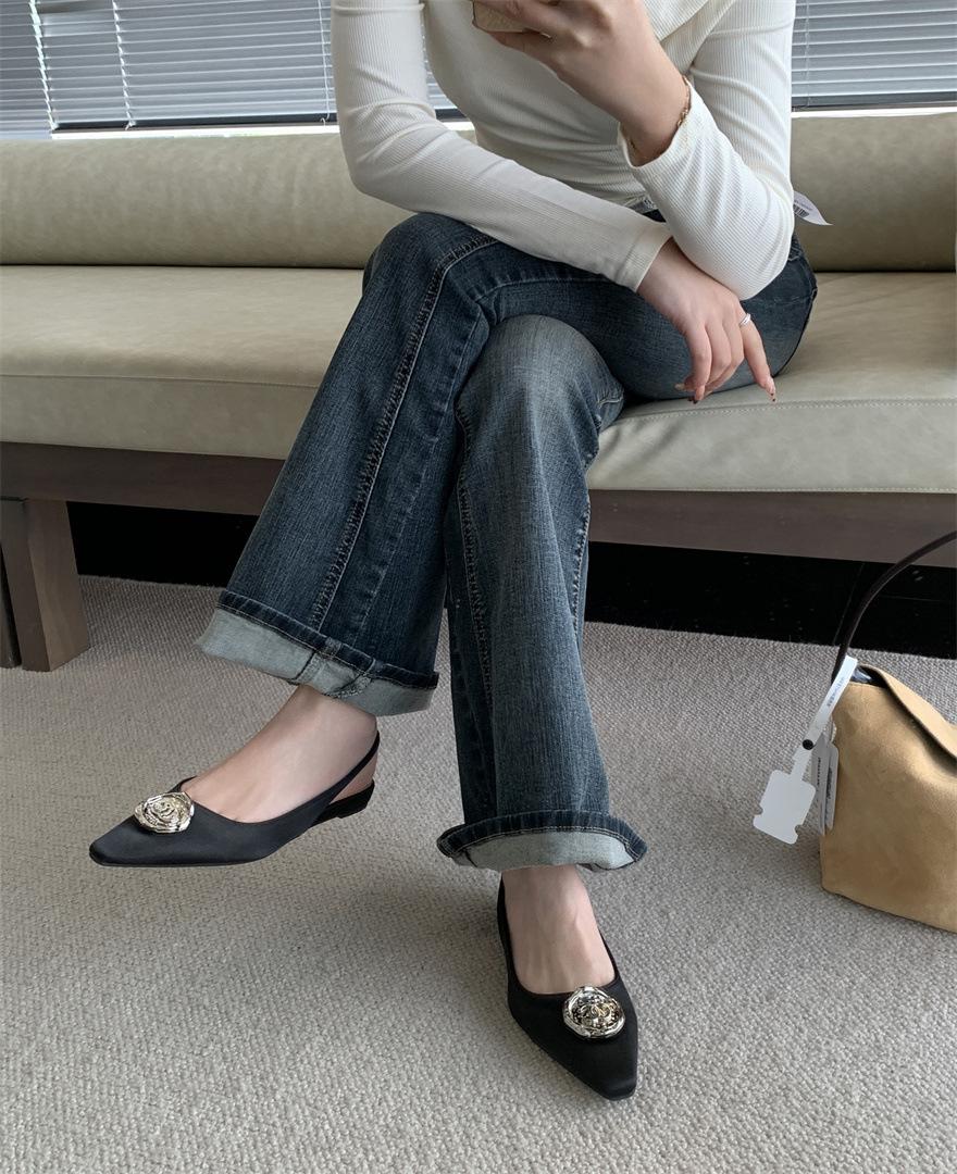French premium rhinestone camellia single shoes 2025 new pointed thin heel versatile bag head sandals women 35
