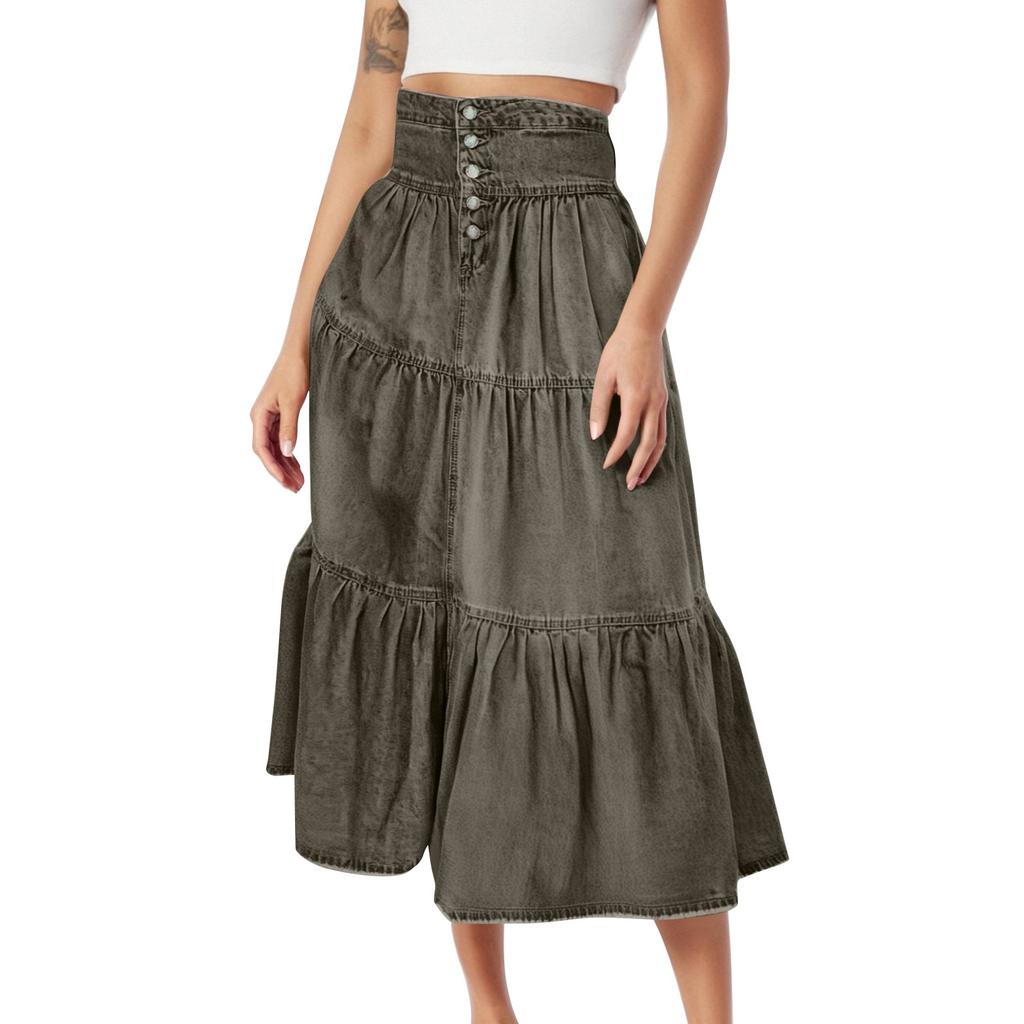 Women's Fashionable Retro Button High Waisted Long Denim Skirt