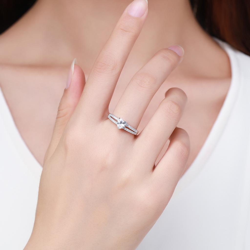 Modian Real 925 Silver Hearts Clear CZ Finger Rings For Women Romantic Double Line Wedding Statement Jewelry Gift