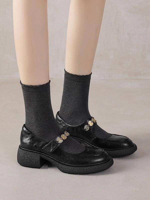 Sheepskin~ Genuine Leather Retro Thick-soled Word with Round Head Mary Jane Shoes Women's Soft Leather Soft-soled Small Leather Shoes Shallow Sin