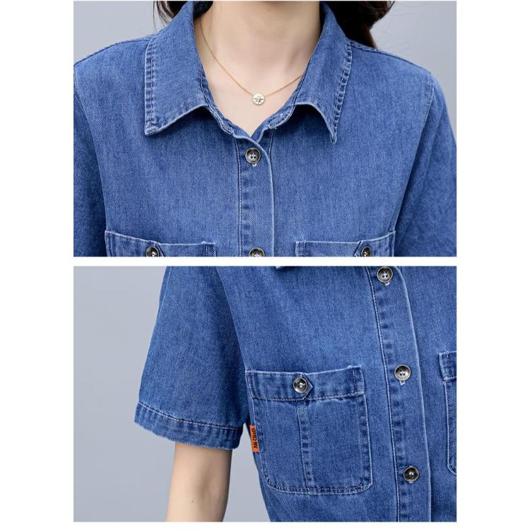 Summer Korean Denim Dress Short Sleeve Slim Waist Casual Lightweight Mid Length Fashion