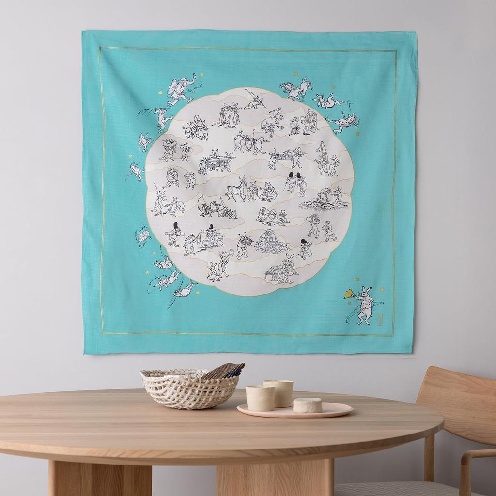 Musubi Furoshiki Choju Jinbutsu Giga of Animals and Lotus Leaf Organic Cotton 100cm, (Caricature People) Design, Turquoise,