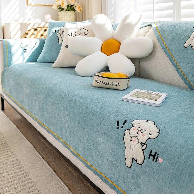 Nordic Cartoon Dog Chenille Sofa Mat Non-slip Sofa Towel Couch Cushion Cover Four Seasons Universal Simplicity Couch Slipcovers