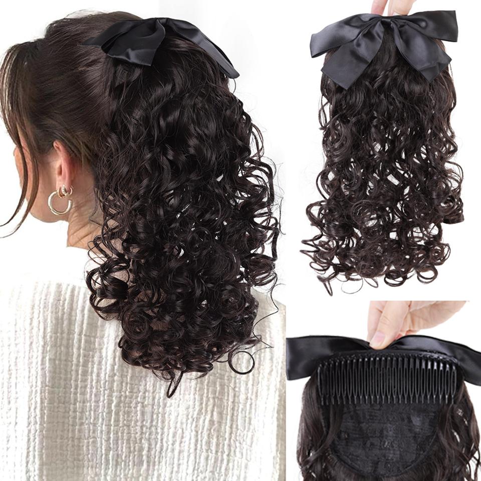 Retro Bow Comb Style Synthetic Wavy Curly Ponytail Wig Is Suitable for Novice Women To Wear At Daily Holiday Parties and Dances
