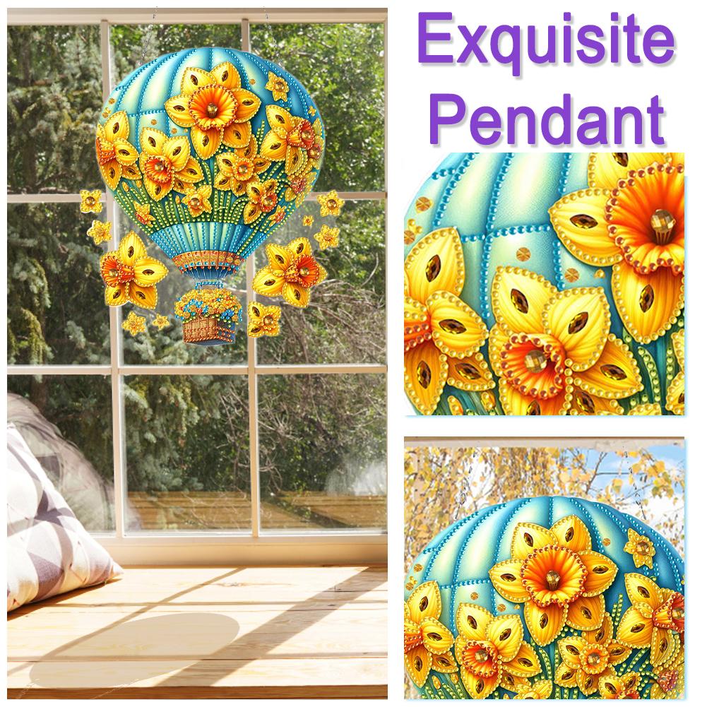 Flower Hot Air Balloon Theme 2D Flat DIY Rhinestone Diamond Art Window Pendants Diamond Art Pendant DIY Home Decor Hanging Charm