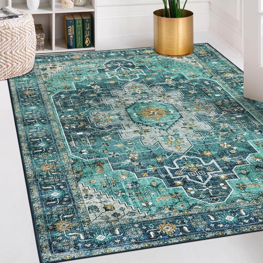 Vintage Medallion Small Rug with Non-Slip Backing Soft and Stain Resistant Non-Shedding Low Plush Floor Rug Pad