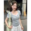 Small Front Shoulder Slim-fitting Spice Girl Top Summer New U-neck Fake Two Short-sleeved Niche Thin T-shirt Women