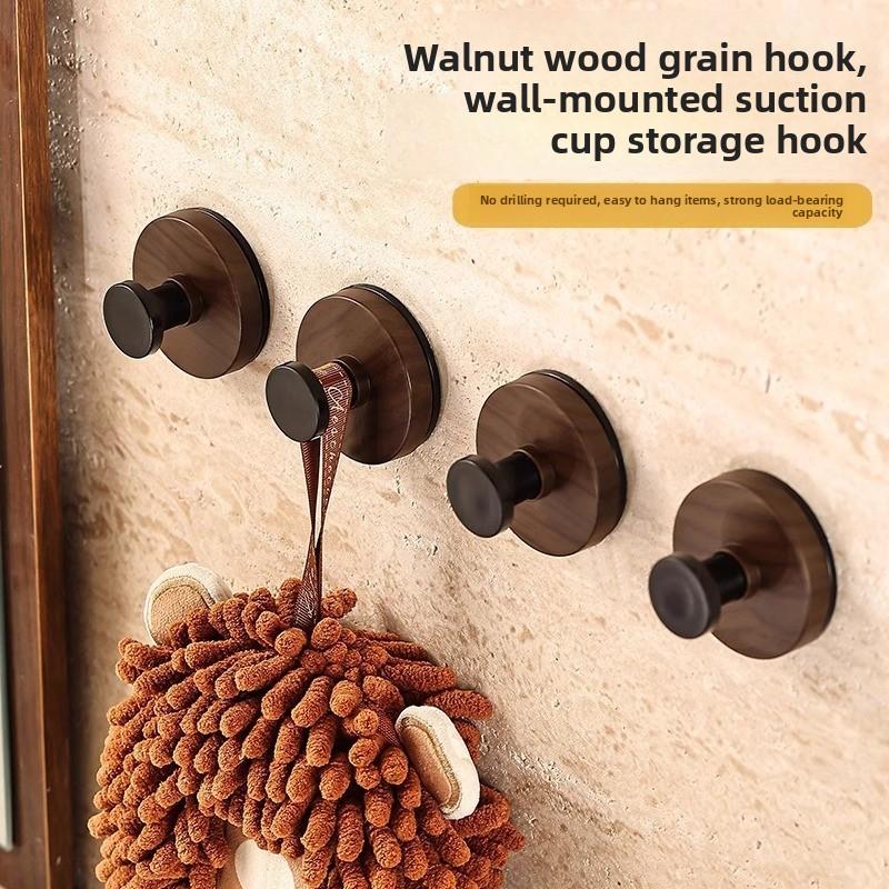 Walnut Wood Grain Suction Cup Rotating Hook, Household Seamless Adhesive Door Rear Coat Hook, Kitchen and Bathroom Hanging Rack