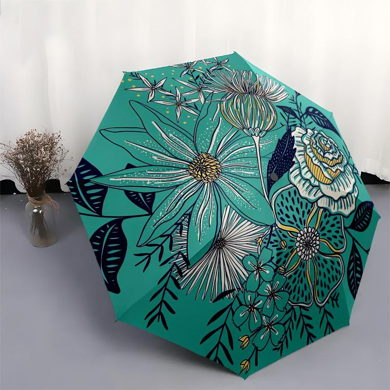 1pc Floral Illustration with Teal Background Umbrella with Plastic Handle,Suitable for All Seasons Umbrellaptys26088
