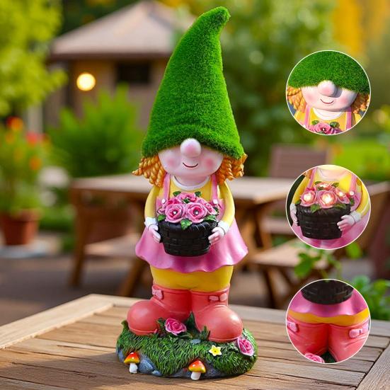 Solar Garden Gnome Statue with LED Light Holding Flower Basket Flocking Hat Dwarf Girl