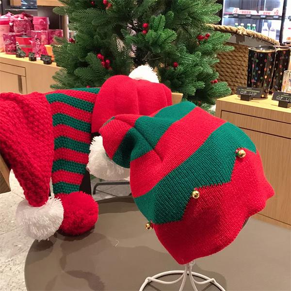 WTEMPO Adult Christmas Decorative Bell Hats Gifts Striped Warm Knitted Red Woolen Hats Elastic Windproof Cold-proof Couple Christmas Hats