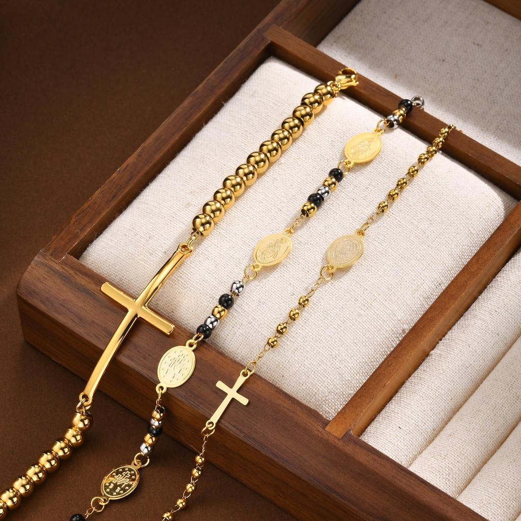 Muslim Stainless Steel Bracelets Cross Beaded Three-color Round Bead Our Lady Bracelet for Women Girls Islam Jewelry Gifts