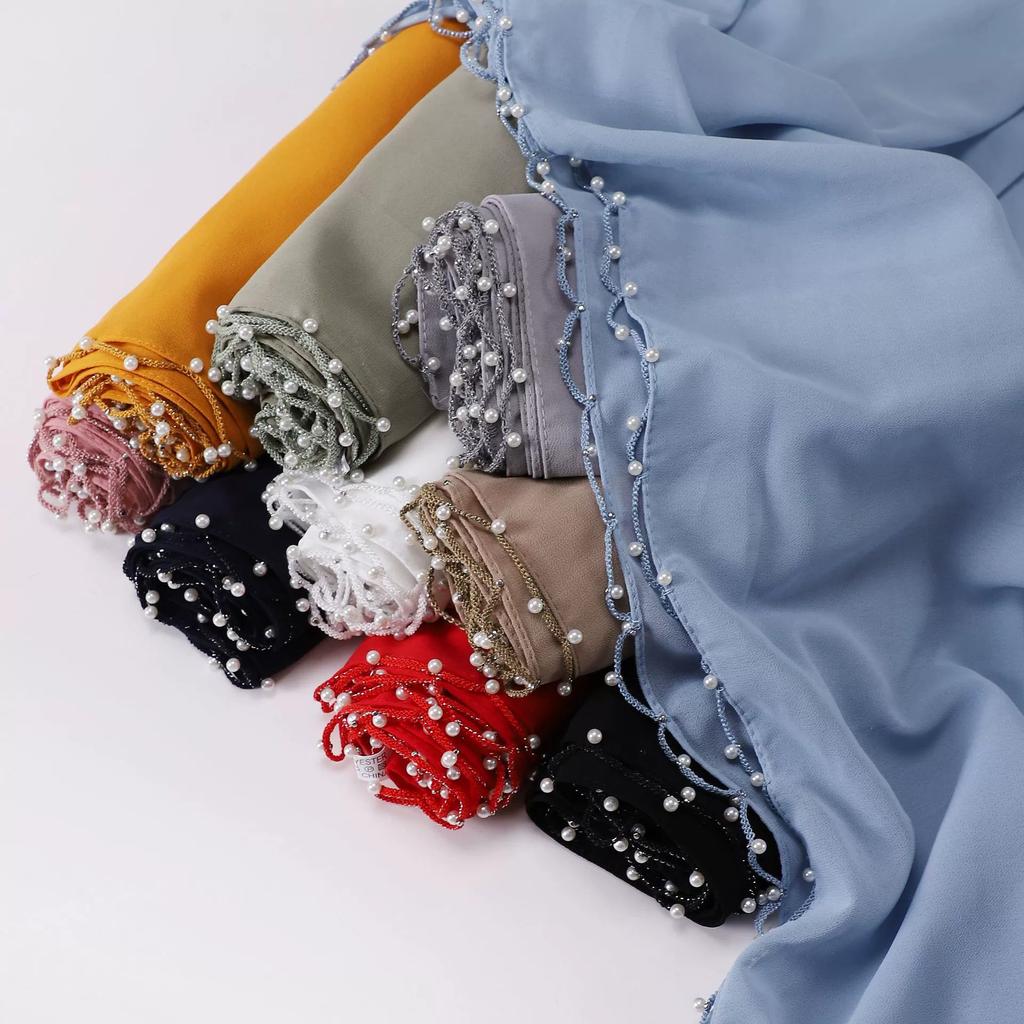 Fashion Chiffon Hijab With Chains And Beads Solid Muslim Headscarf With Rhinestones Wraps Long Shawls Islamic Headband Turban