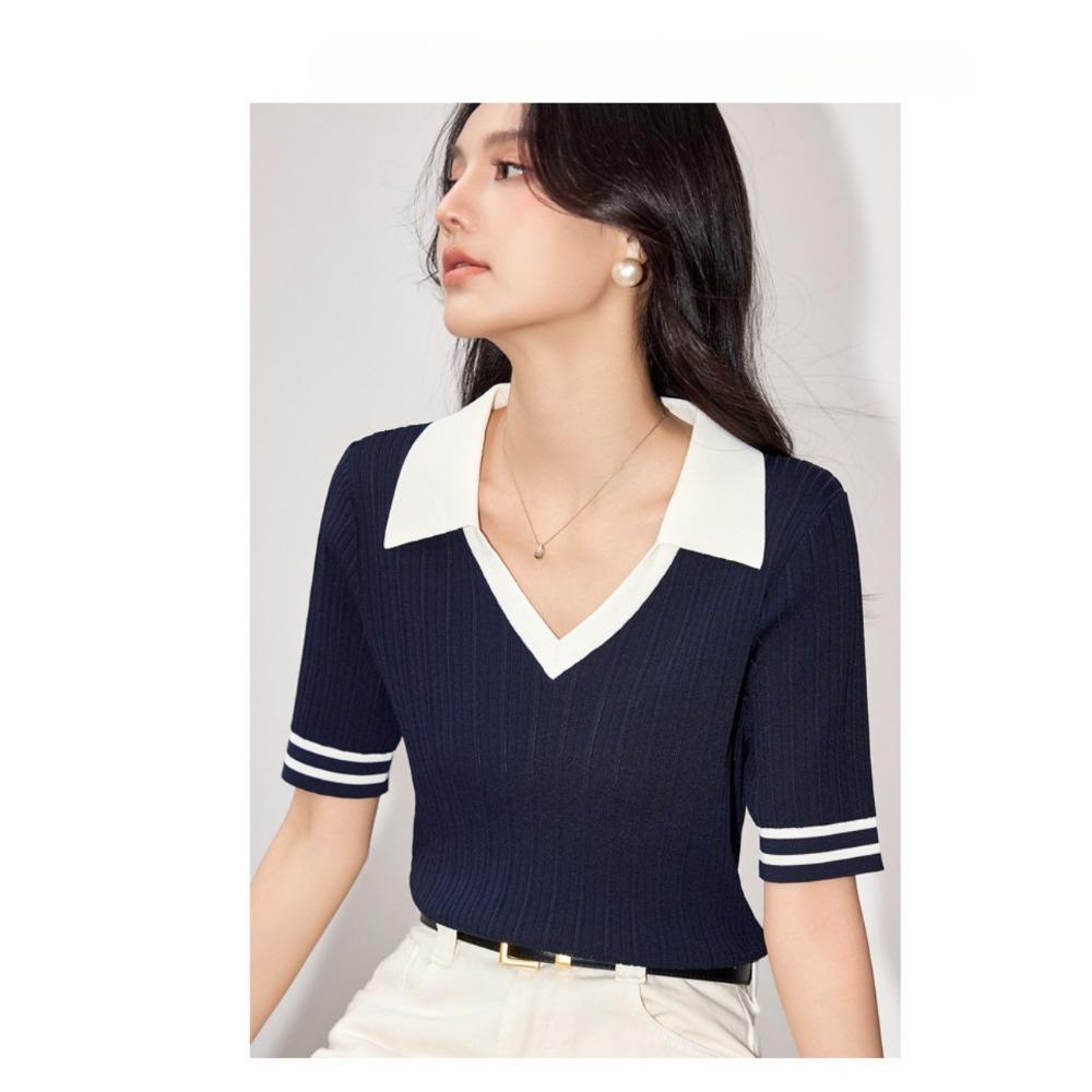 Ženy Pletené zboží 2024 Léto Novinka POLO Výstřih do V Límec Kontrastní Barva Krátký rukáv Pletený svetr Tenký Krátký Top