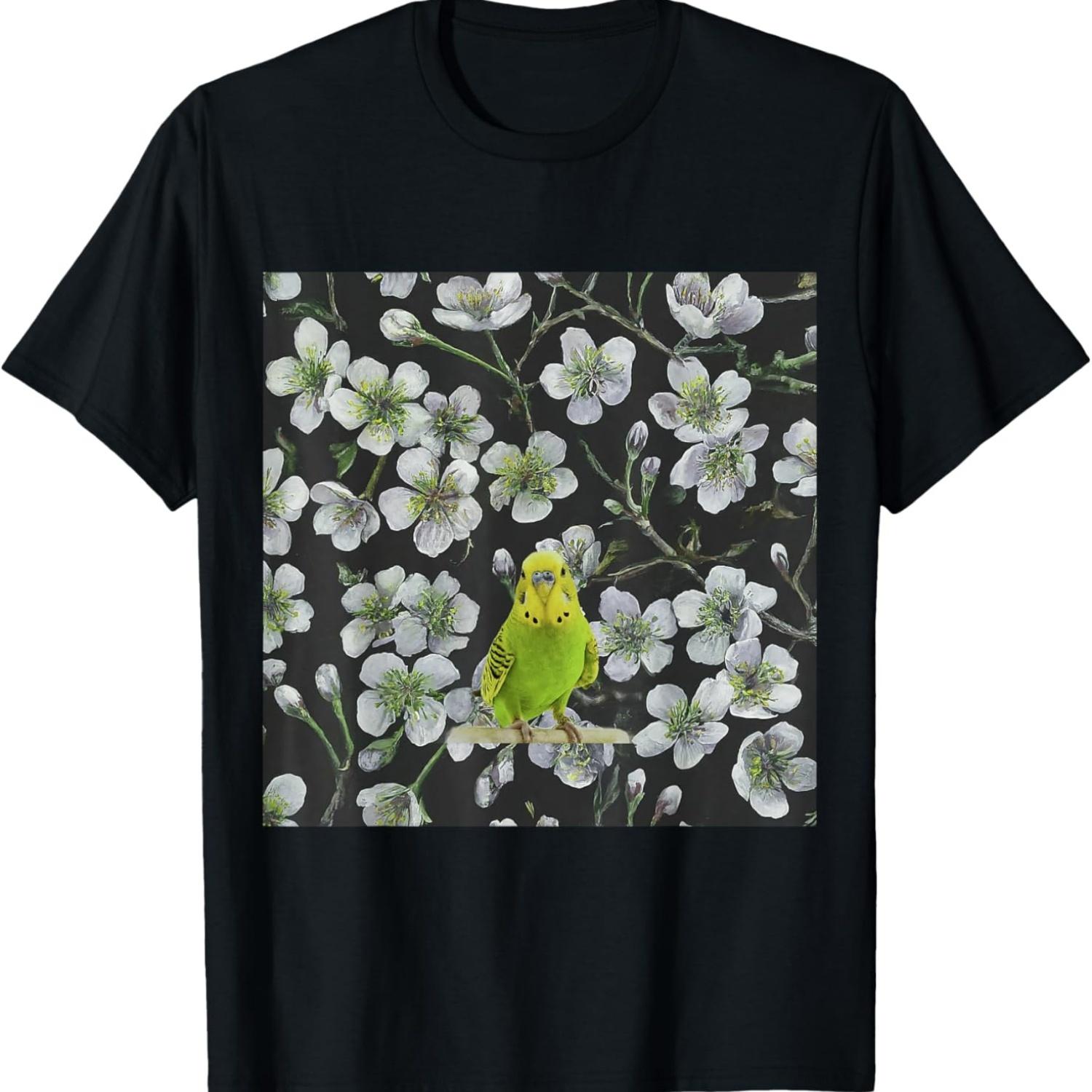 Parakeet Budgie White Cherry Blossoms Flower Pattern T-Shirt S чёрный
