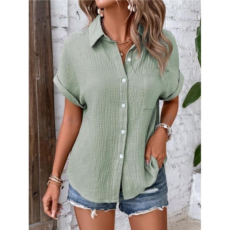 Women's Cotton Shirt Short Sleeve Button Front Turn Down Collar Loose Fit Blouse