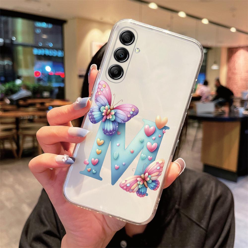 For Samsung Galaxy A54 A14 A34 A24 Blue Butterfly Flower Letters A-Z Couple Phone Case Transparent Clear Silicone Bumper Cover