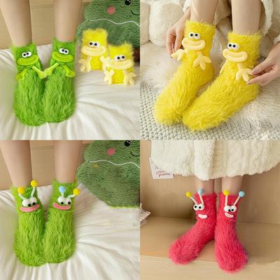 Meias Fofas 3D Novidade para o Rosto Inverno Lã de Coral Meias de Chão Meias de Dormir para Casal Meias de Natal Meias Engraçadas de Monstro de Desenho Animado