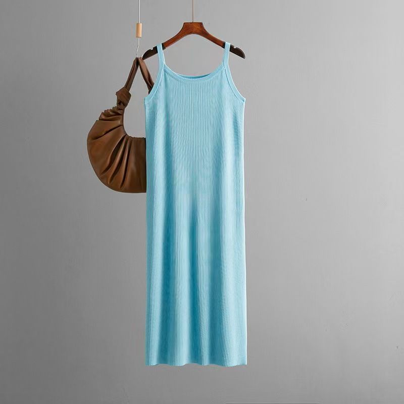 

Fashion Wind New Arrival Pure Color Knitting Silm Sling Dress Knitted Suspension Sexy Dress Lake Blue One size