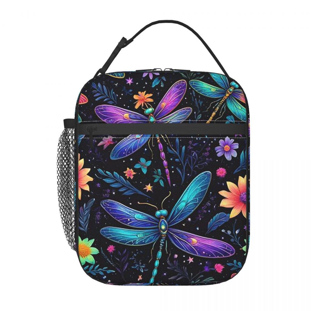 Colorful Dragonfly With Flower Insulated Lunch Bag for Women Kids Leakproof Food Boxes Thermal Lunch Box Tote