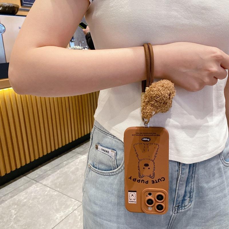 Brown West Highland Applicable iPhone16 Mobile Phone Case Cute Puppy 15Pro Maillard Autumn and Winter Plush Hand Rope
