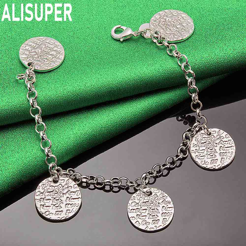925 Sterling Silver Letter Disc Side Chain Simple Bracelet Gift Jewelry