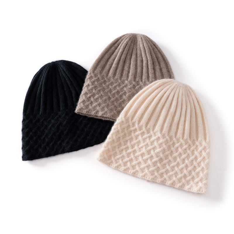 Autumn and Winter New Pure Cashmere Casual Hat Women's Solid Color Simple Semi-twisted Hat Warm Rhombus Bag Head Ear Protection Hat