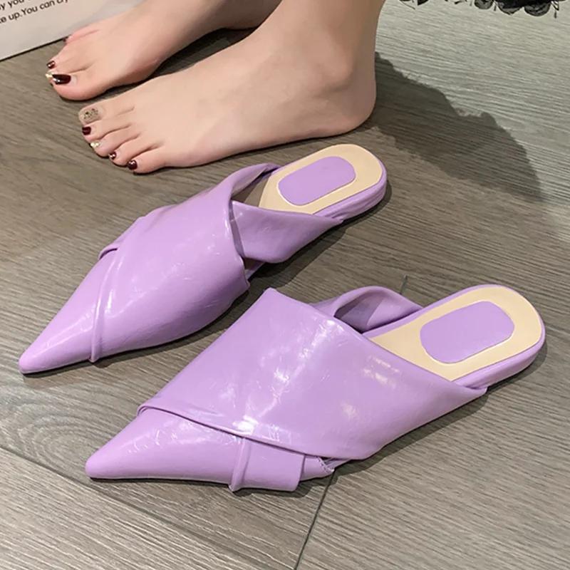 Women Pointed Toe Slippers Summer Flats Mules Shoes Dress Elegant Woman Sandals 2025 New Trend Designer Casual Zapatos De Mujer