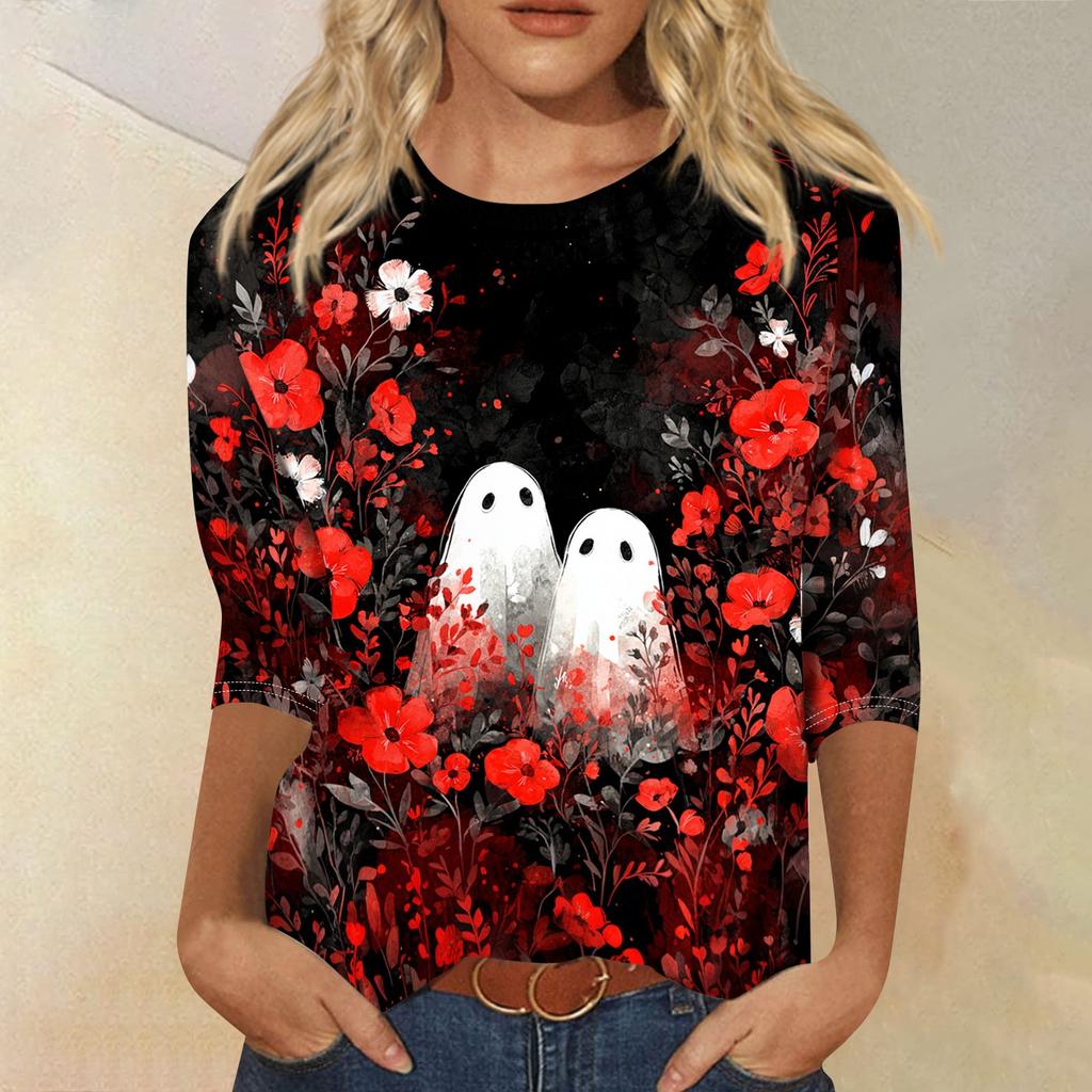 Women Halloween Pumpkin Print 3/4 Sleeve Shirt Round Neck Loose Fit Casual T-Shirt Top for Fall Seasonal Wear