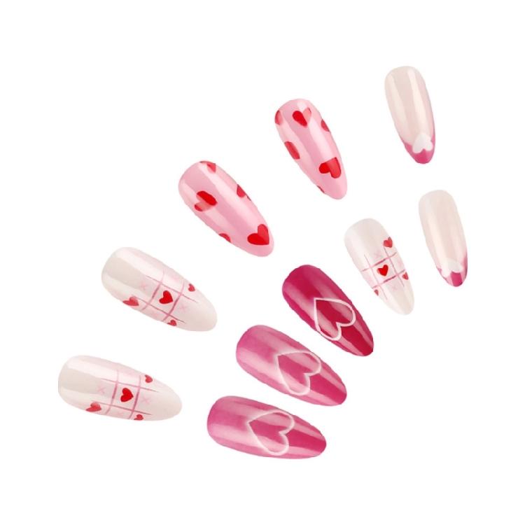 24 Pcs Pink Heart Artificial Nail Valentines Day False Nail Lovely Stick on Nail French Press On Nail for Holiday