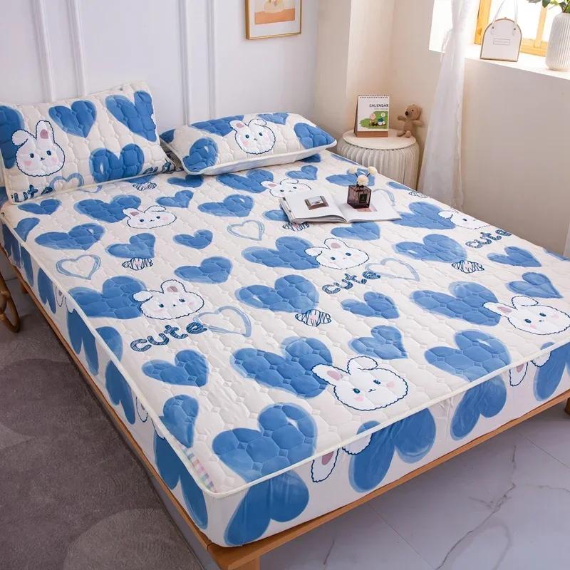 Thick Quilted Mattress Cover, Stitched Bed Linen, Printed Bedding, Large Non-Slip Bed Sheet, Dust Cover Without Pillowcase