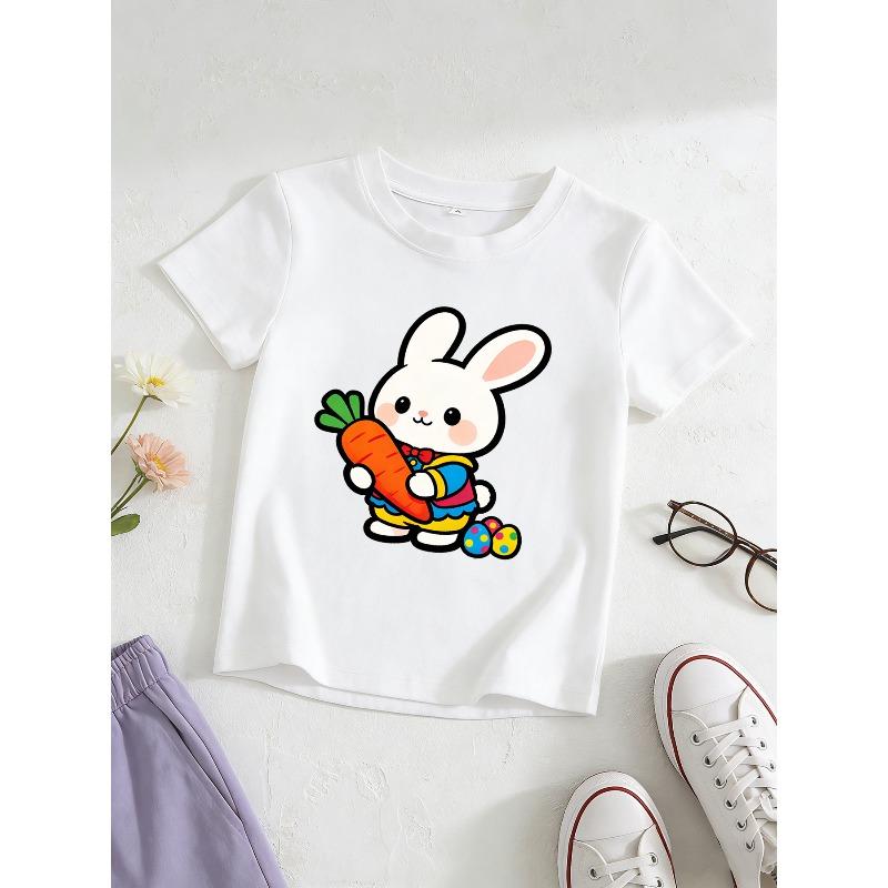 European sizes Girls Short Sleeve Easter Print T-Shirt, Summer Kids Round Neck Top, Sweet and Cute Fashionable Trendy Patterns for Girls 110