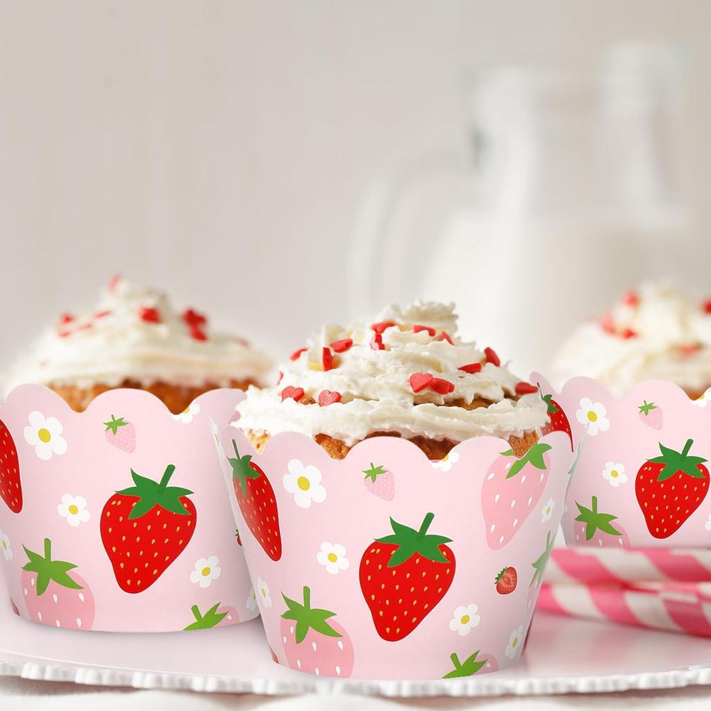 Whaline 36Pcs Strawberry Cupcake Wrappers Red Pink Strawberry Flower Cupcake Liners Decorative Cupcake Holders for Birthday Baby Shower Party Cake