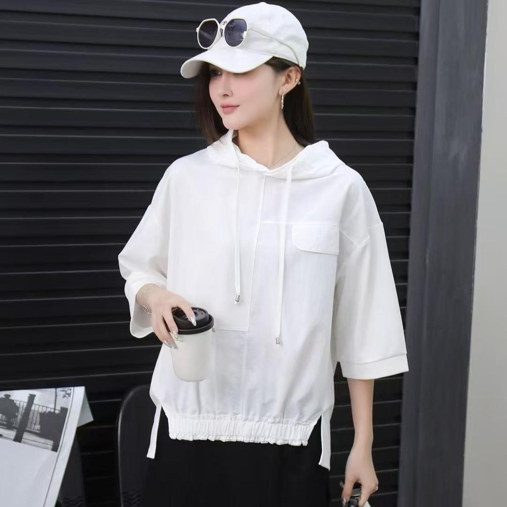 DIMANAF 2025 Mărimi Mari Vară cu Glugă Solidă Pălărie Alb Tricou Femei Mânecă Scurtă Larg Topuri Tricouri